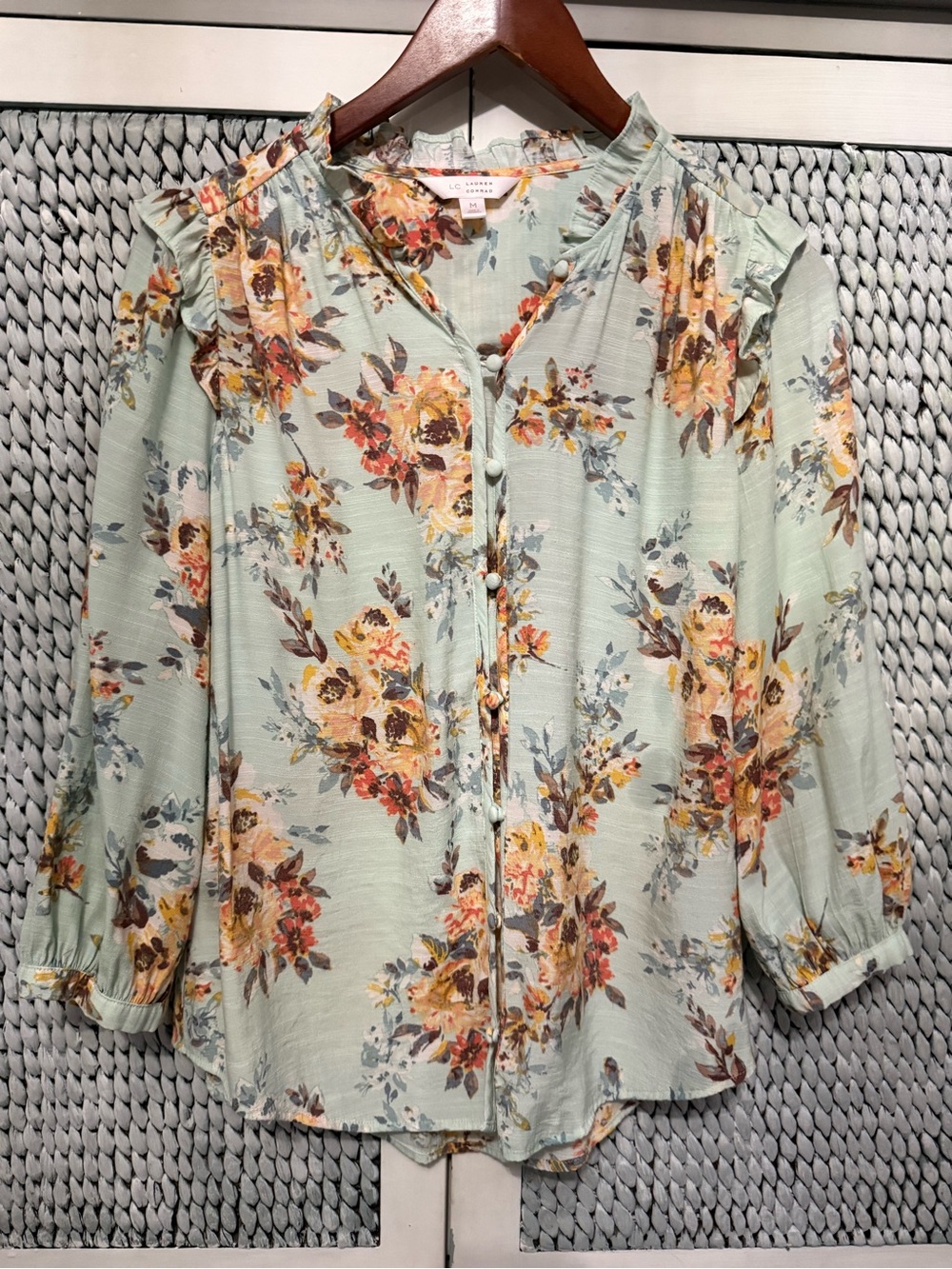 LC Lauren Conrad Mint Floral Ruffle Shoulder Blouse